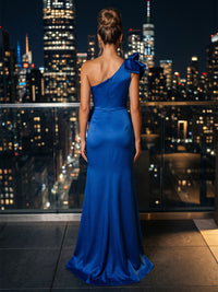 Satin Sheath/Column One Shoulder Floor-Length Evening Dresses with Ruched Waist & Sweep Train