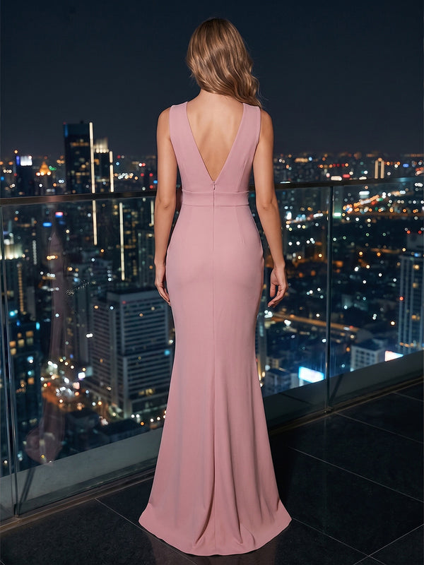 Satin Sheath/Column V-Neck Floor-Length Evening Dresses with Ruffles, Ruched Bodice & Slit