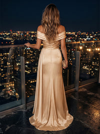 Satin Sheath/Column Off Shoulder Floor-Length Evening Dresses with Ruched Bodice