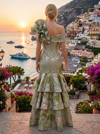 Jacquard Mermaid/Trumpet Off Shoulder Floor-Length Evening Dresses with Tiered Layers & Ruffles