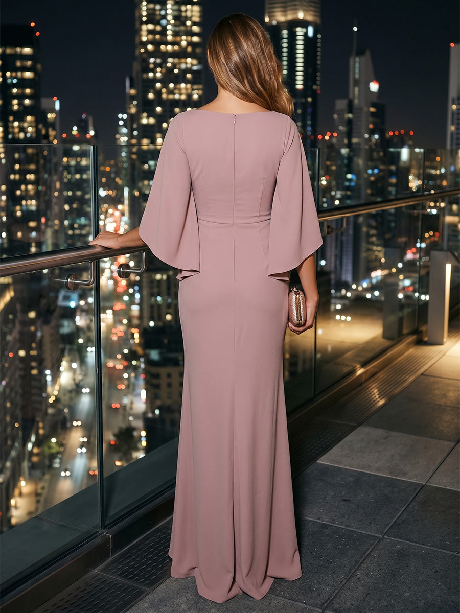 Chiffon Sheath/Column Scoop Neck Floor-Length Evening Dresses with Ruched Waist