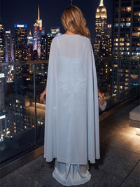 Satin Sheath/Column Scoop Neck Floor-Length Evening Dresses with Chiffon Cape & Ruched Waist