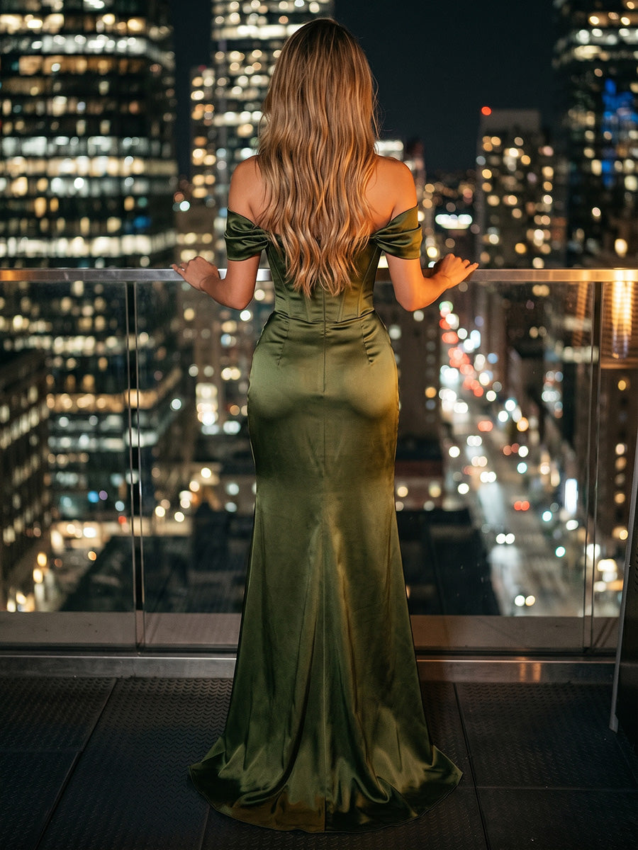 Satin Sheath/Column Off Shoulder Floor-Length Evening Dresses with Corset & Ruched Waist
