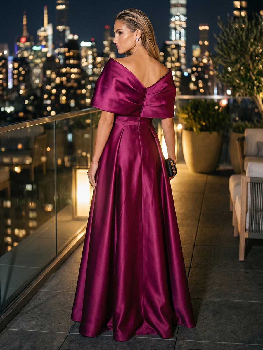 Satin A-Line/Princess Off Shoulder Floor-Length Evening Dresses with Slit