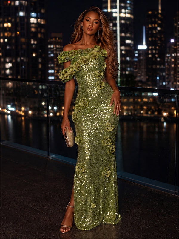 Sequin Sheath/Column Off Shoulder Floor-Length Evening Dresses with 3D Flowers