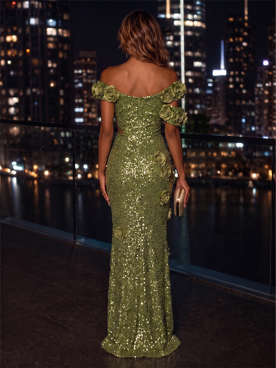 Sequin Sheath/Column Off Shoulder Floor-Length Evening Dresses with 3D Flowers