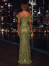 Sequin Sheath/Column Off Shoulder Floor-Length Evening Dresses with 3D Flowers