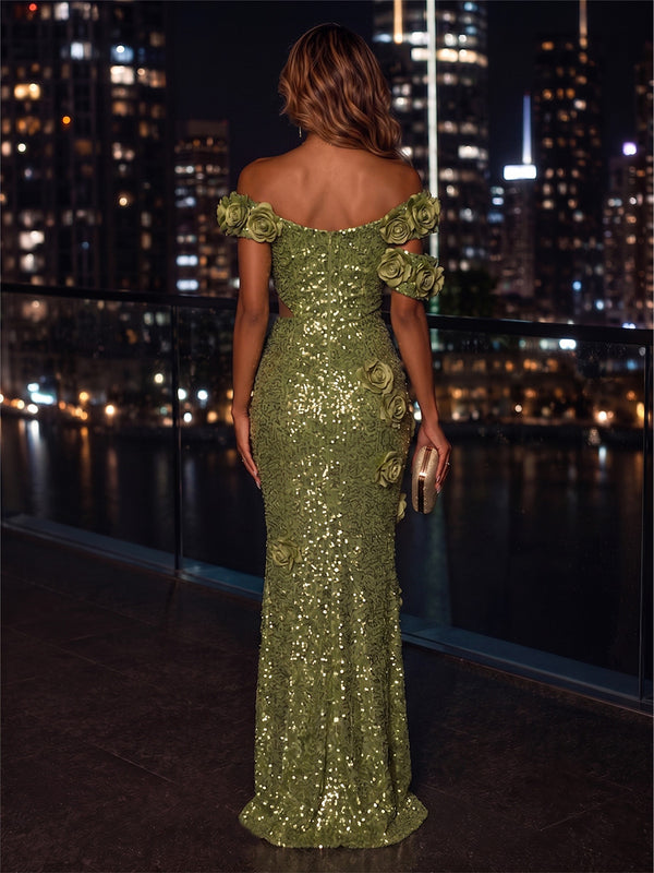 Sequin Sheath/Column Off Shoulder Floor-Length Evening Dresses with 3D Flowers