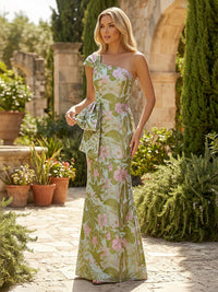 Jacquard Sheath/Column One Shoulder Floor-Length Evening Dresses with Ruffles