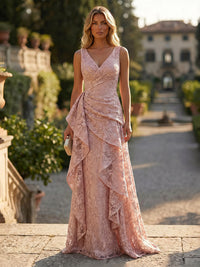 Sequin Floral Sheath/Column V-Neck Floor-Length Evening Dresses with Ruffles & Ruched Waist