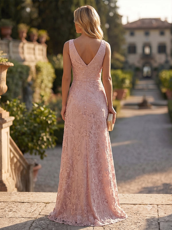 Sequin Floral Sheath/Column V-Neck Floor-Length Evening Dresses with Ruffles & Ruched Waist