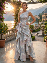 Jacquard A-Line/Princess One Shoulder Floor-Length Evening Dresses with Ruffles & Ruched Waist