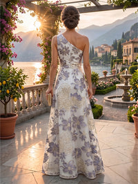 Jacquard A-Line/Princess One Shoulder Floor-Length Evening Dresses with Ruffles & Ruched Waist