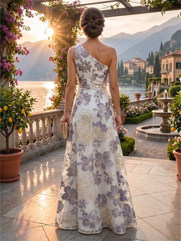 Jacquard A-Line/Princess One Shoulder Floor-Length Evening Dresses with Ruffles & Ruched Waist