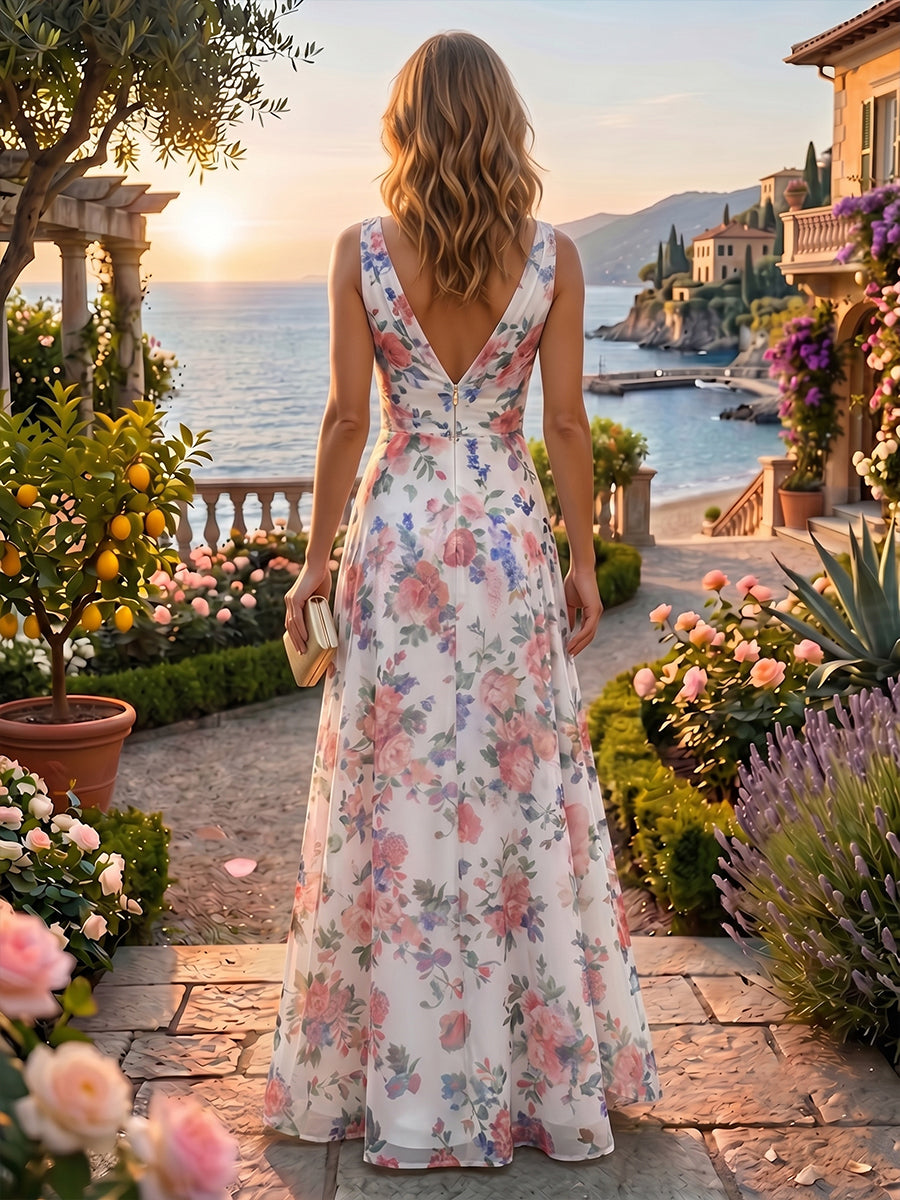 Floral Print A-Line/Princess V-Neck Floor-Length Evening Dresses with Ruffles & Ruched Waist