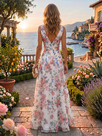 Floral Print A-Line/Princess V-Neck Floor-Length Evening Dresses with Ruffles & Ruched Waist