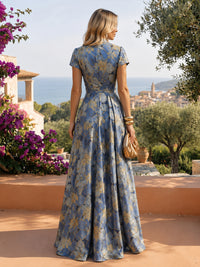 Jacquard A-Line/Princess V-Neck Floor-Length Evening Dresses with Ruched Waist