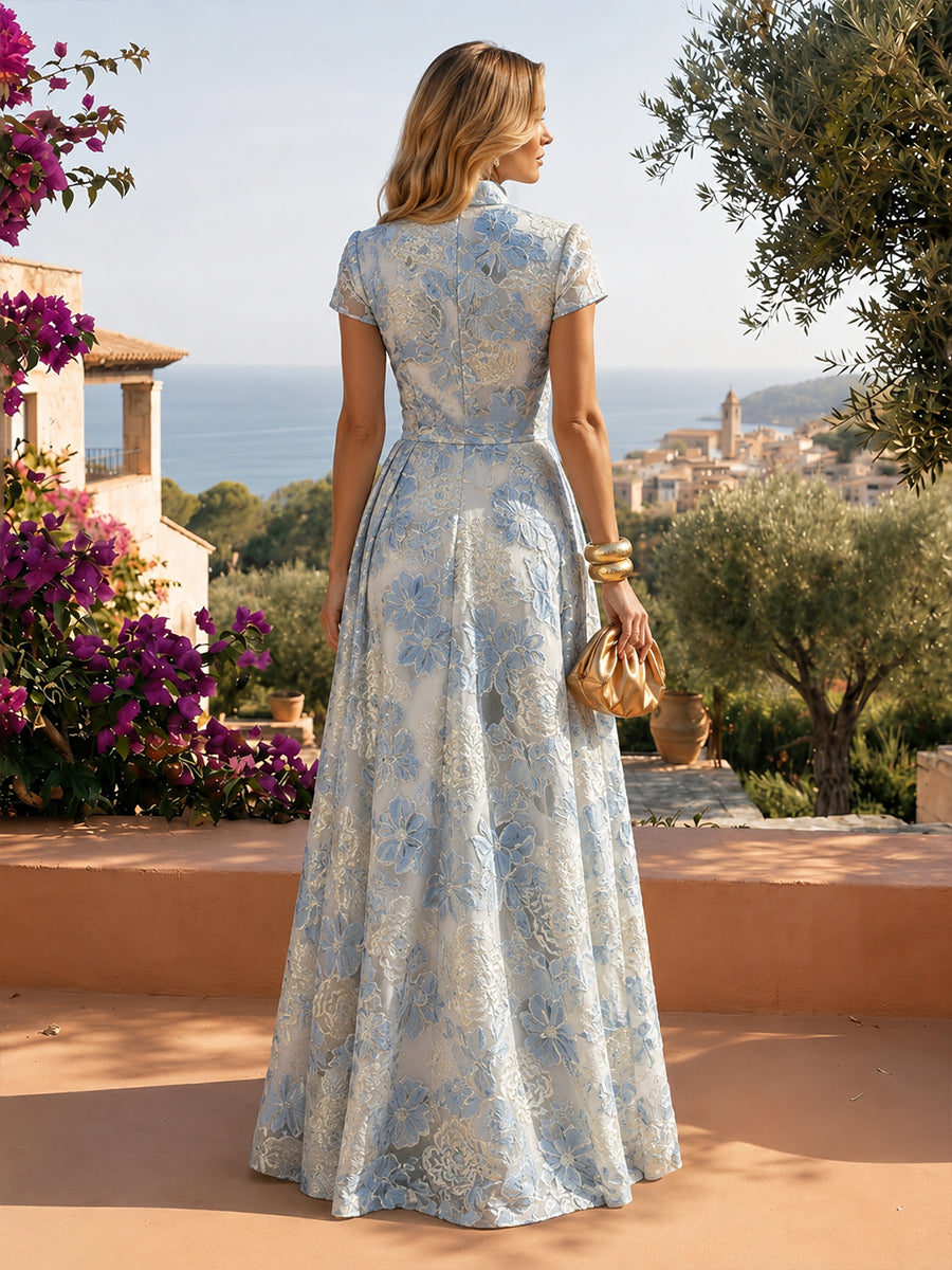 Jacquard A-Line/Princess V-Neck Floor-Length Evening Dresses with Ruched Waist