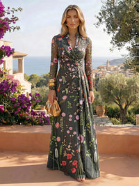 Floral Embroidery A-Line/Princess V-Neck Floor-Length Evening Dresses with Ruched Waist