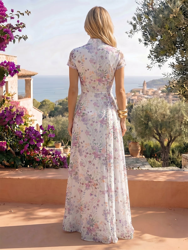 Floral Print A-Line/Princess V-Neck Floor-Length Evening Dresses with Ruched Waist