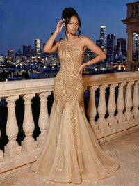 Sequin Mermaid/Trumpet One Shoulder Floor-Length Evening Dresses with Lace