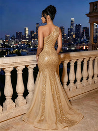 Sequin Mermaid/Trumpet One Shoulder Floor-Length Evening Dresses with Lace