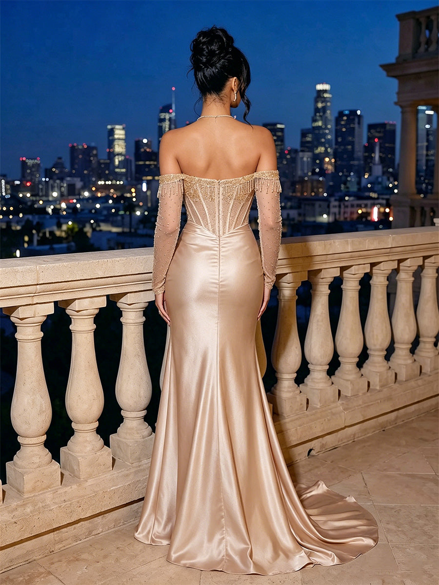 Satin Sheath/Column Off Shoulder Floor-Length Evening Dresses with Corset Bodice, Ruched Waist & Slit