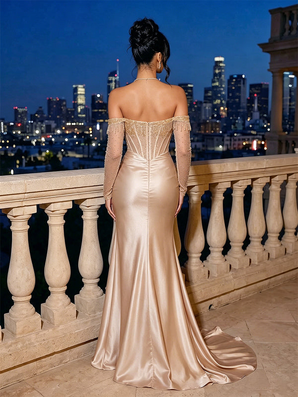 Satin Sheath/Column Off Shoulder Floor-Length Evening Dresses with Corset Bodice, Ruched Waist & Slit
