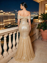 Sequin Mermaid/Trumpet Off Shoulder Floor-Length Evening Dresses with Pleats