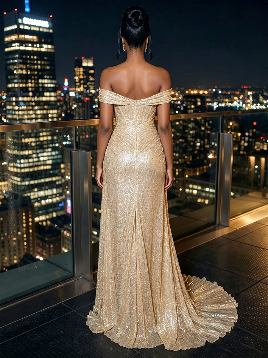 Sequin Sheath/Column Off Shoulder Floor-Length Evening Dresses with Pleats & Slit