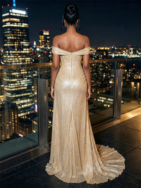 Sequin Sheath/Column Off Shoulder Floor-Length Evening Dresses with Pleats & Slit