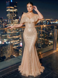 Sequin Mermaid/Trumpet Off Shoulder Floor-Length Evening Dresses with Ruffles