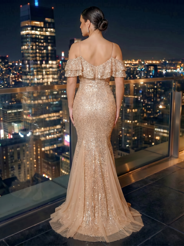 Sequin Mermaid/Trumpet Off Shoulder Floor-Length Evening Dresses with Ruffles