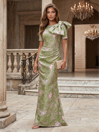 Jacquard Sheath/Column Scoop Neck Floor-Length Evening Dresses with Ruched Waist & Bow