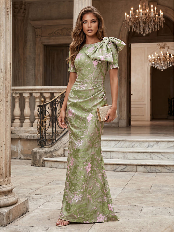 Jacquard Sheath/Column Scoop Neck Floor-Length Evening Dresses with Ruched Waist & Bow