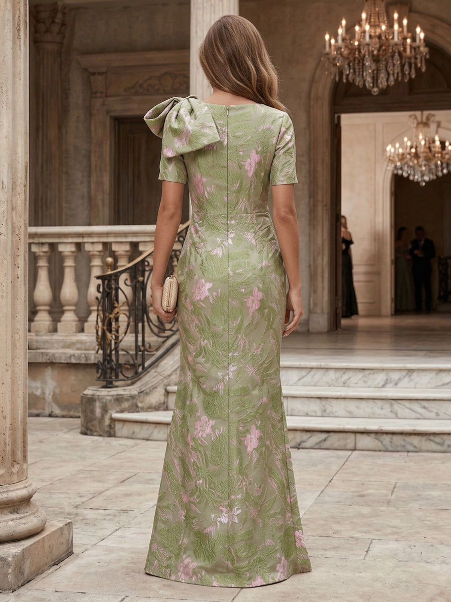 Jacquard Sheath/Column Scoop Neck Floor-Length Evening Dresses with Ruched Waist & Bow