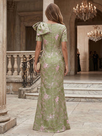Jacquard Sheath/Column Scoop Neck Floor-Length Evening Dresses with Ruched Waist & Bow