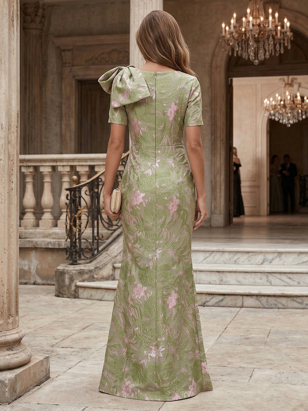 Jacquard Sheath/Column Scoop Neck Floor-Length Evening Dresses with Ruched Waist & Bow