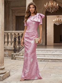 Jacquard Sheath/Column Scoop Neck Floor-Length Evening Dresses with Ruched Waist & Bow