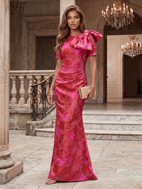 Jacquard Sheath/Column Scoop Neck Floor-Length Evening Dresses with Ruched Waist & Bow