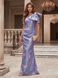Jacquard Sheath/Column Scoop Neck Floor-Length Evening Dresses with Ruched Waist & Bow