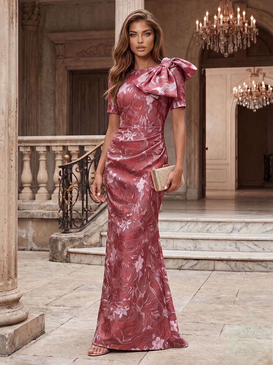 Jacquard Sheath/Column Scoop Neck Floor-Length Evening Dresses with Ruched Waist & Bow