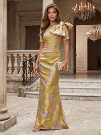 Jacquard Sheath/Column Scoop Neck Floor-Length Evening Dresses with Ruched Waist & Bow