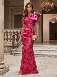 Jacquard Sheath/Column Scoop Neck Floor-Length Evening Dresses with Ruched Waist & Bow