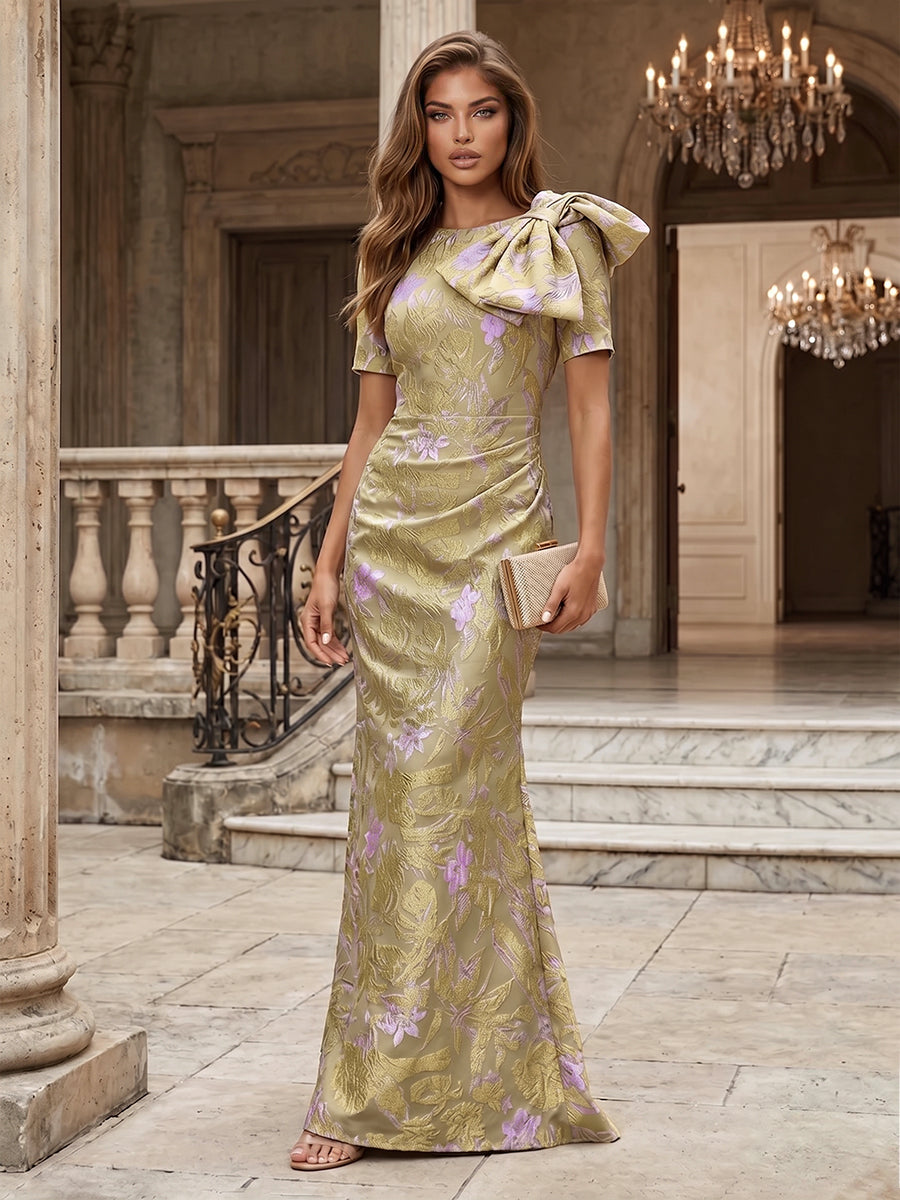 Jacquard Sheath/Column Scoop Neck Floor-Length Evening Dresses with Ruched Waist & Bow