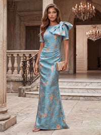 Jacquard Sheath/Column Scoop Neck Floor-Length Evening Dresses with Ruched Waist & Bow