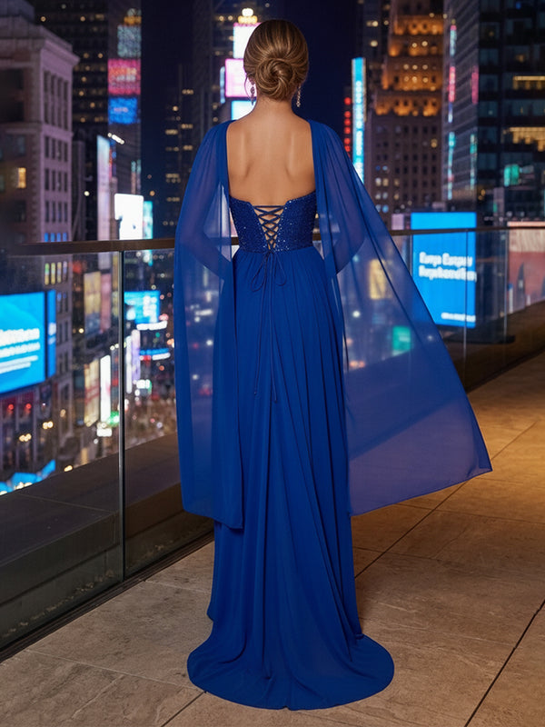 Chiffon Sheath/Column Strapless Floor-Length Evening Dresses with Sequin Bodice, Ruched Waist, Slit & Scarf