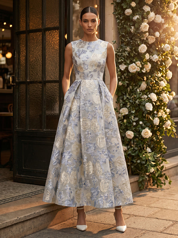Jacquard A-Line/Princess Scoop Neck Tea-Length Evening Dresses with Ruched Waist
