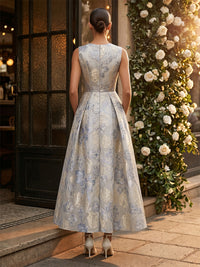 Jacquard A-Line/Princess Scoop Neck Tea-Length Evening Dresses with Ruched Waist