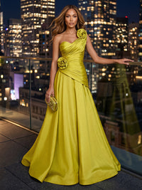 Satin A-Line/Princess One Shoulder Floor-Length Evening Dresses with Ruched Waist